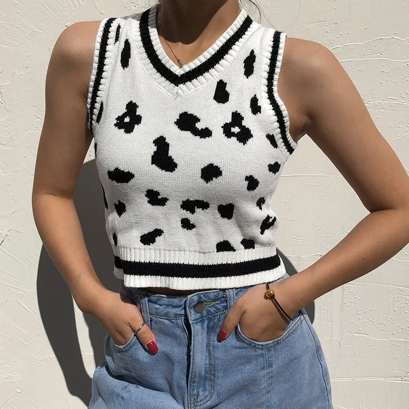 

Cow Print Vest Women Fashion Top Sleeveless Sweater