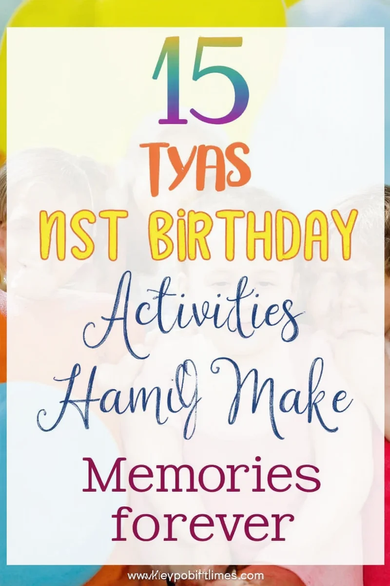 A festive 1st birthday photo booth setup with props and colorful backdrop