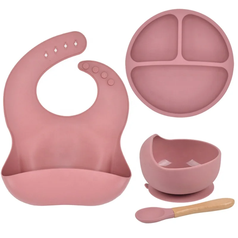 

2024 Trending Wholesale Eco Friendly Bpa Free Baby Dinnerware 4PCS Bib Plate And Suction Bowl Silicone Baby Feeding Set
