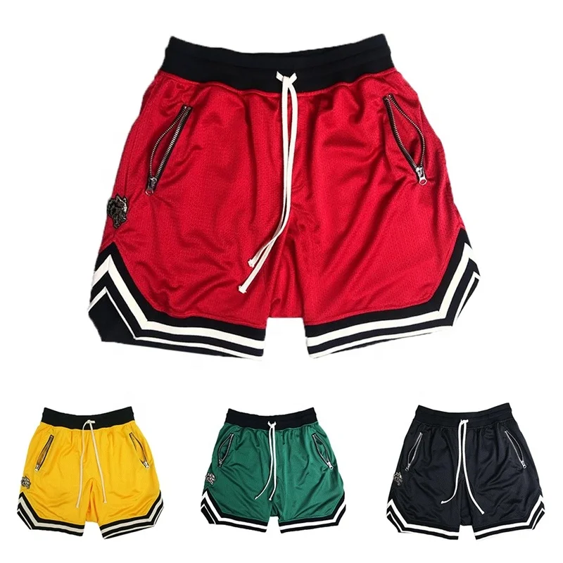 

Hot Sale Knitted Mesh Sweat Shorts With Zipper Pocket Drawstring Training Fitness Elastic Breathable Loose Basketball Shorts, Picture shows