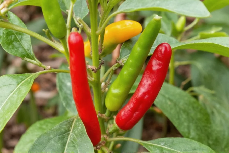 Close-up of chiltepin wild peppers growing on a bush in natural habitat