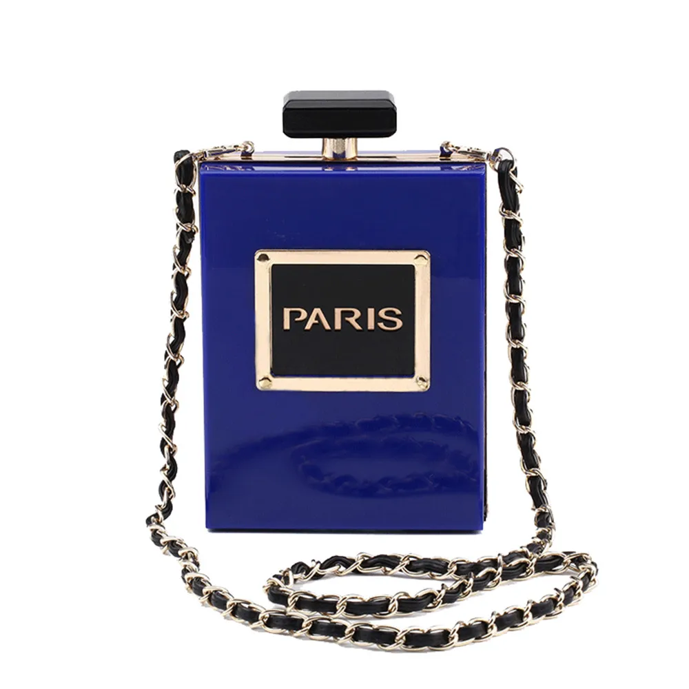 

Online wholesale New Famous Acrylic Box Perfume Bottles Shape Chain Clutch Evening Handbags Women Clutches Perspex, Black,white,golden,silvery,blue
