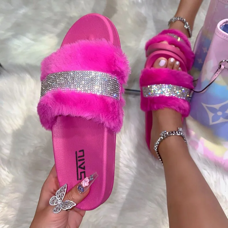 

2021 ins hot design wholesale fur slippers rain bow color indoor outdoor lady shoes winter warm colorful plush slippers, Black,pink,white,fushia and multi color