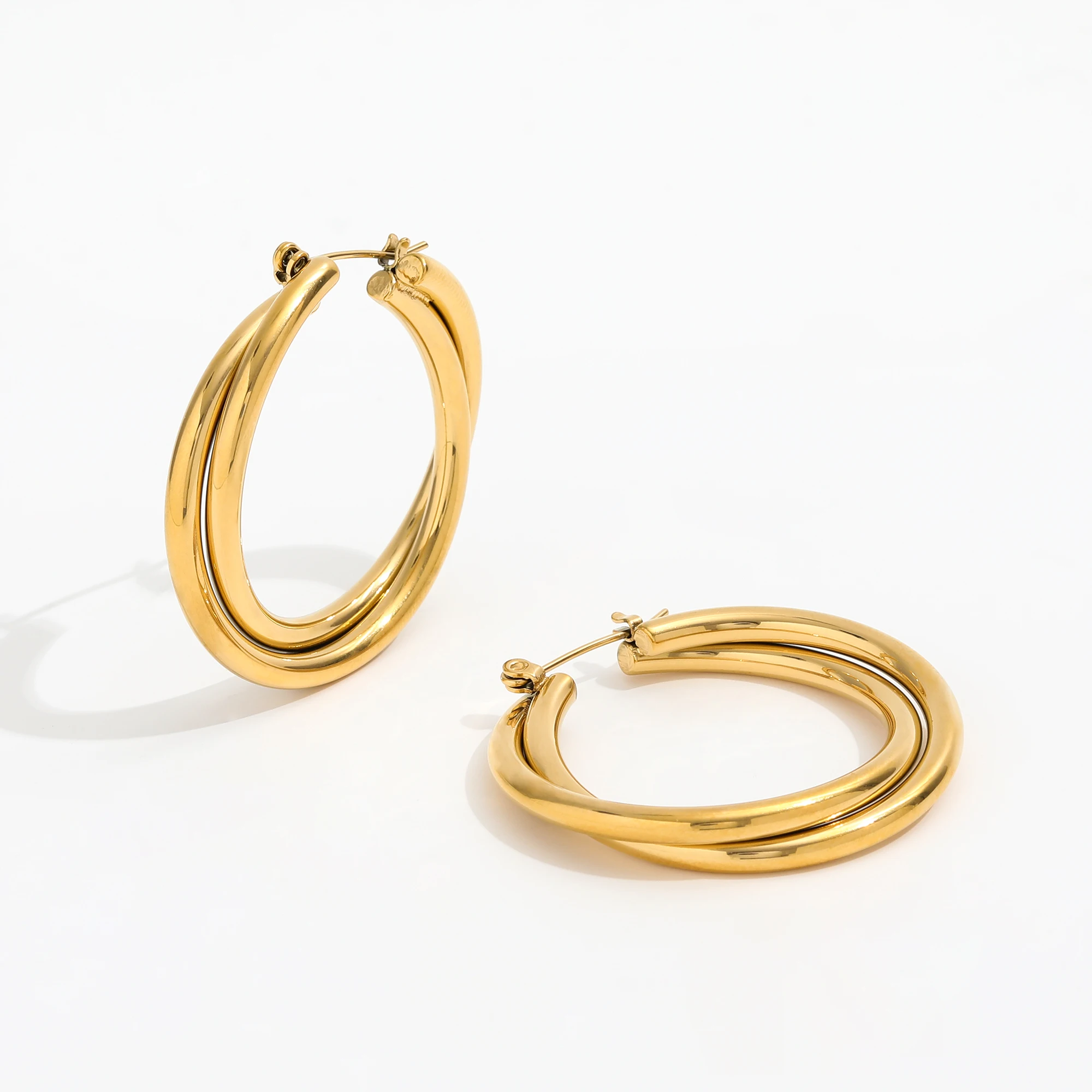 

JOOLIM High End Gold Plated Twisted Double Row Big Hoop Earring Stainless Steel Fashion Jewelry