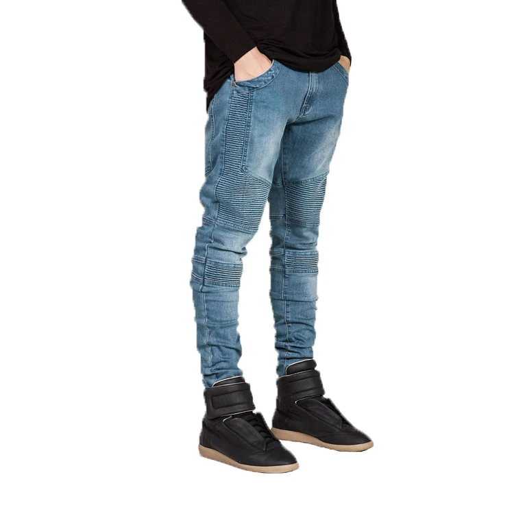 

Wholesale Men Tapered Biker Ribbed Jeans Pants, Black/blue/gray