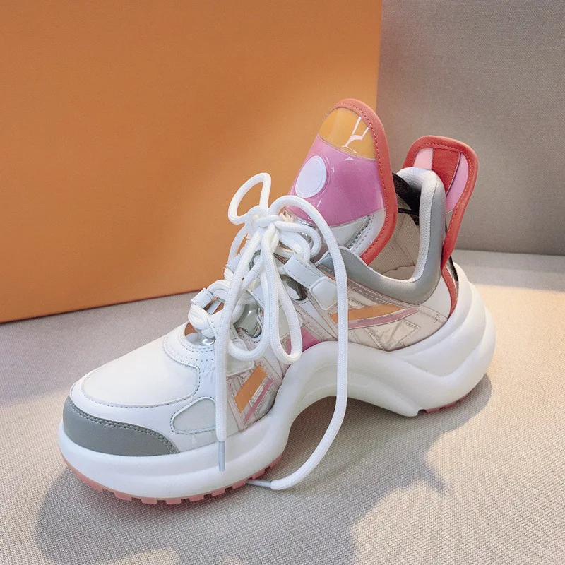 

Breathable lace-up height increasing rainbow color platform chunky shoes casual high wedge sneaker for women, Picture color