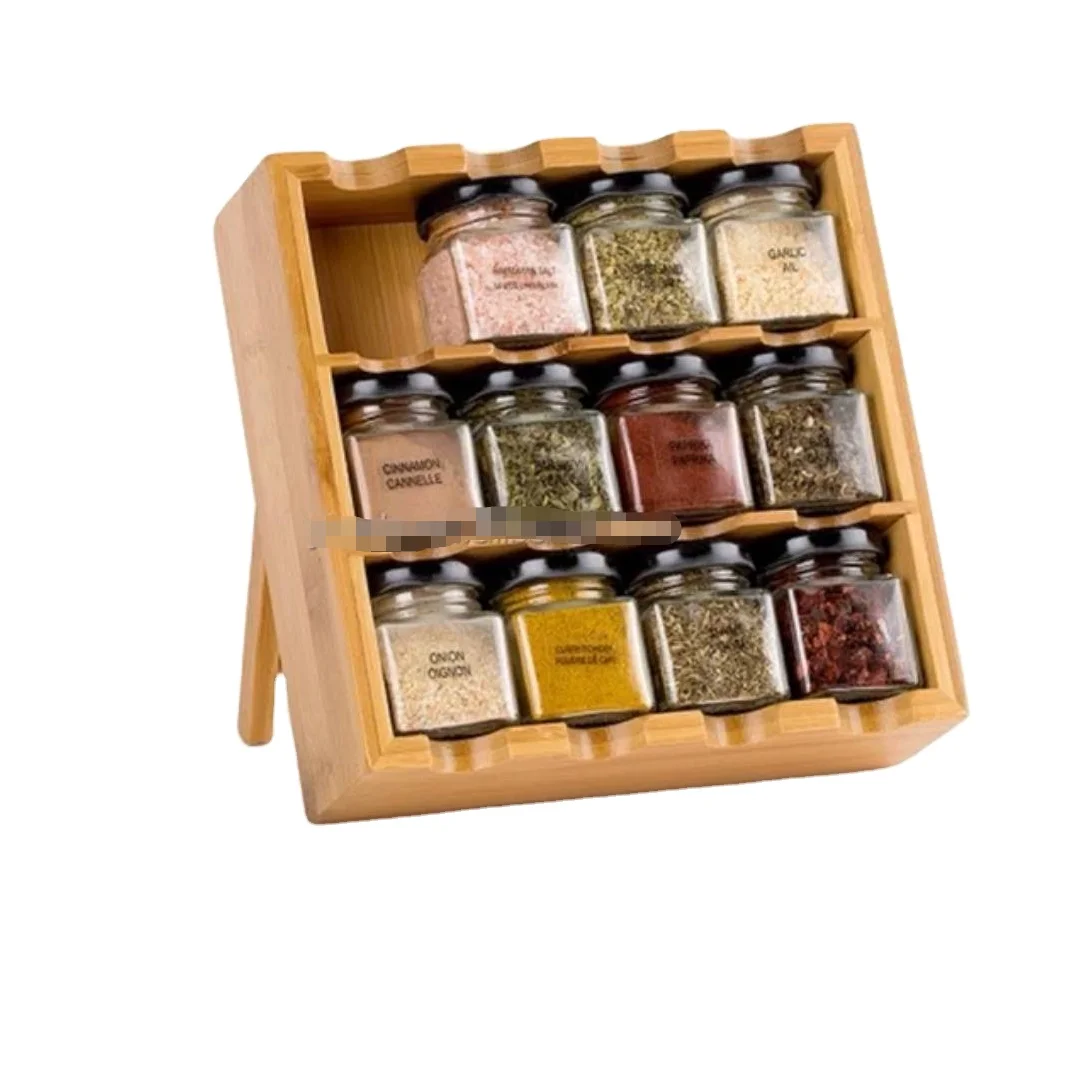 

Hot selling new design 12 pieces jars Bamboo Spice Rack with glass jars Shelf Organizer can stand and hang on the wall