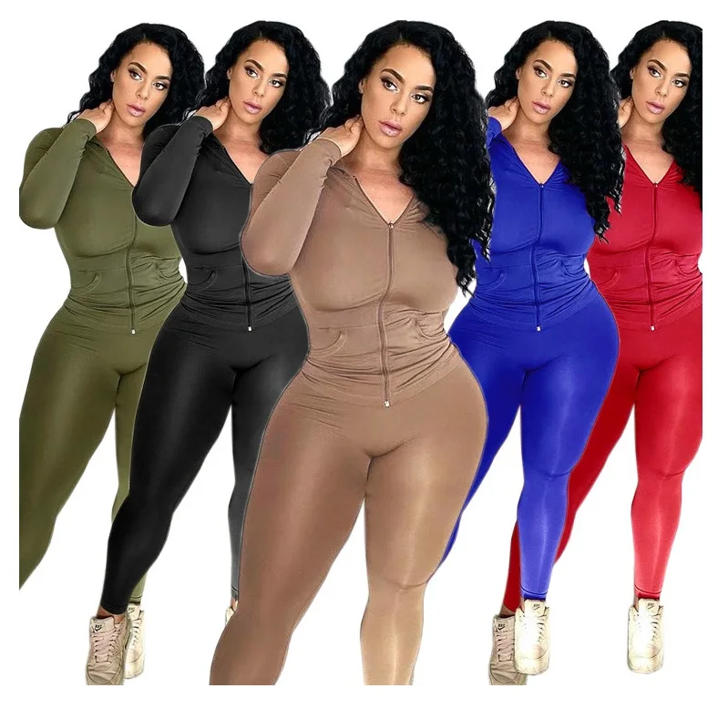 

Solid Fitness Long Sleeve Hooded Jackets Sporty Jogger Legging Women Two Piece Matching Set Stretchy Workout Tracksuit