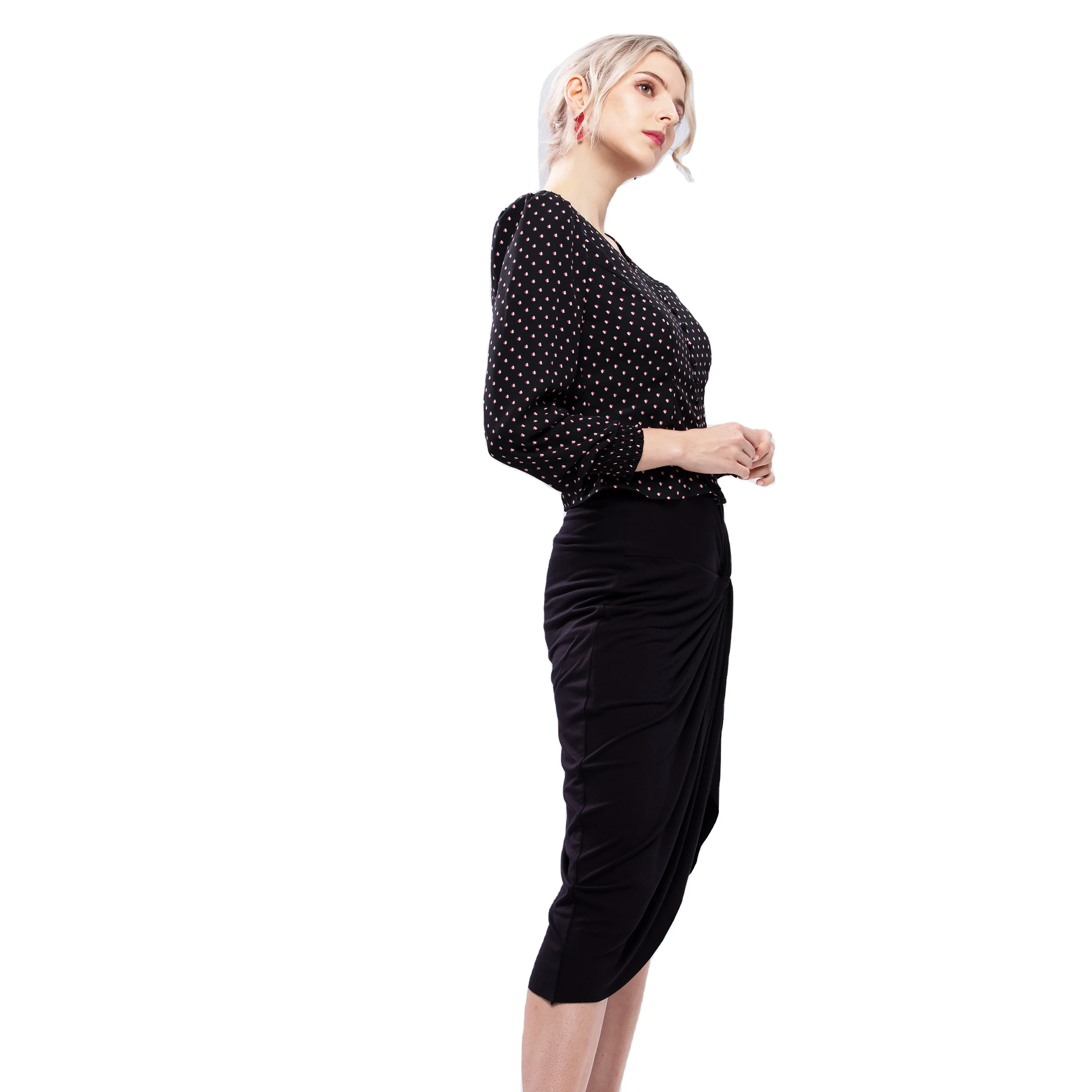 

Fashionable Chiffon V Neck Trendy Long Smocking Sleeve Button Front Woman Tops Blouse