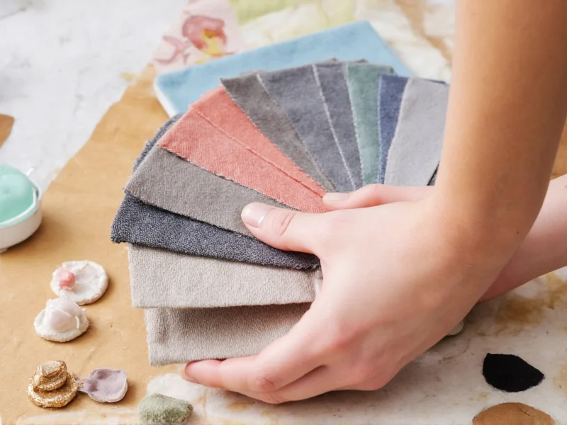 Hand arranging fabric swatches for color harmony