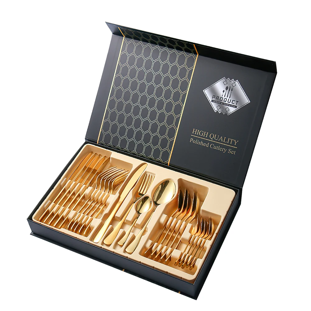 

Wholesale Price Hotel Wedding Luxury Black Gold 24pcs Cutlery Set With Case Stainless Steel Flatware Set With Gift Box