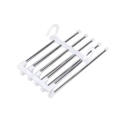 

Multi-Layer Hanging Pants 5 in 1 Pants Rack Stainless Steel Pants Hangers Folding Storage Rack Space Saver Storage for Trousers, Silver & white