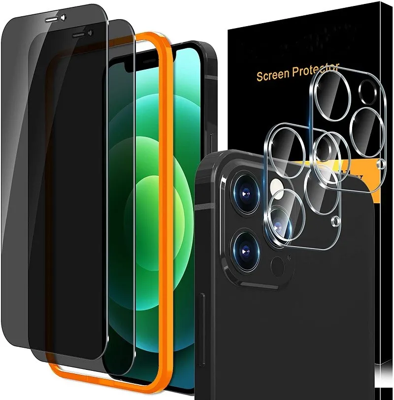 

Full Coverage Bubble Free Privacy Screen Protector & Tempered Glass Camera lens Protector With Frame For IPhone 12 Mini Pro Max, Black