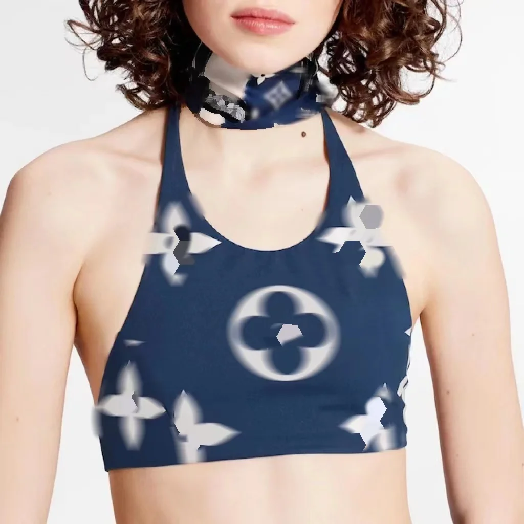 

Fashion Letter Print Dark Blue Premium Halter Bikini Sexy Split Female Swimsuit, As the picture shows