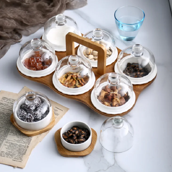

Best selling ceramic dried fruit box with lid divided grid fruit tray Nordic bamboo wood base glass lid fruit nut storage box