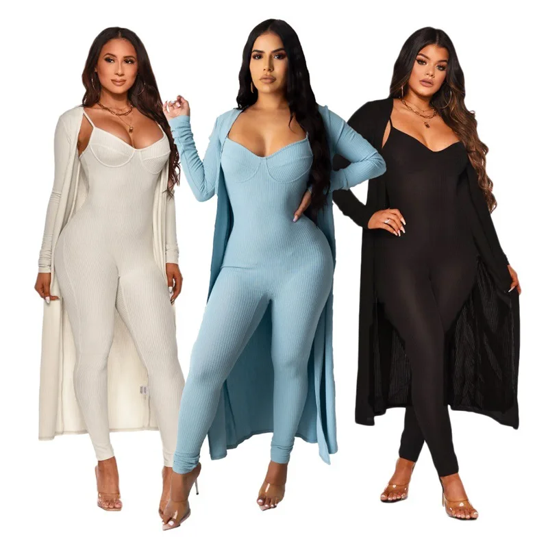 

Wholesale Fashion Ladies Coat Tank Top Jumpsuit Solid Color Two Piece Set For Women Clothing, 3 colors