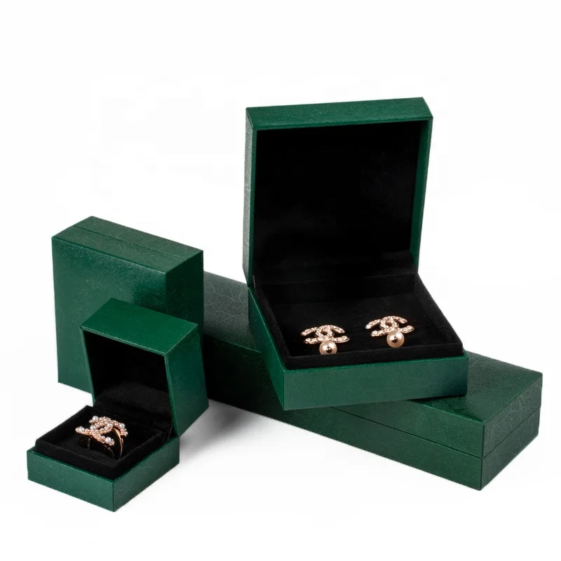

Luxury Green Custom Logo Ring Necklace Pendant Bracelet Leather Filled Paper Travel Velvet Jewelry Organizer Box Packaging, Black/white/blue/green/red/gold