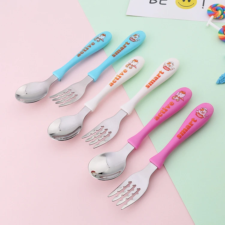 

Cartoon stainless steel kids cutlery set Children fork and spoon set with box packing, Pink, blue, white