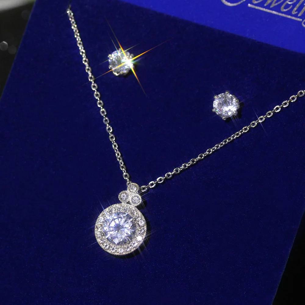 

European Luxury Shiny AAA Micro Paved Cz Round Pendant Necklace Classical Crystal Cubic Zircon Necklace Earrings Set Jewelry Set