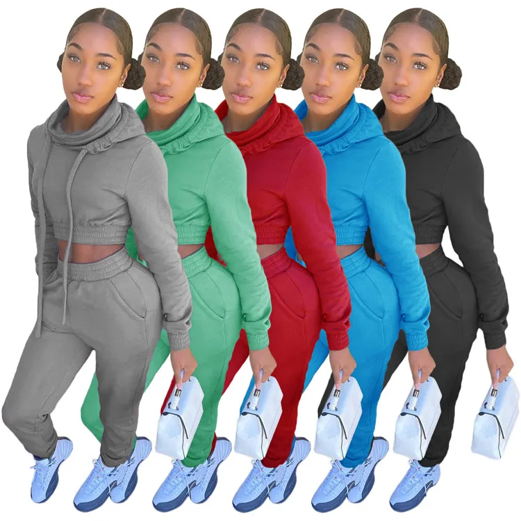 

EB-2022 new082818 Hot Selling Lady Jogging Gym Track Suits Solid Hooded Crop Tops Sweatpants Plus Size Women Two Piece Set, Picture color