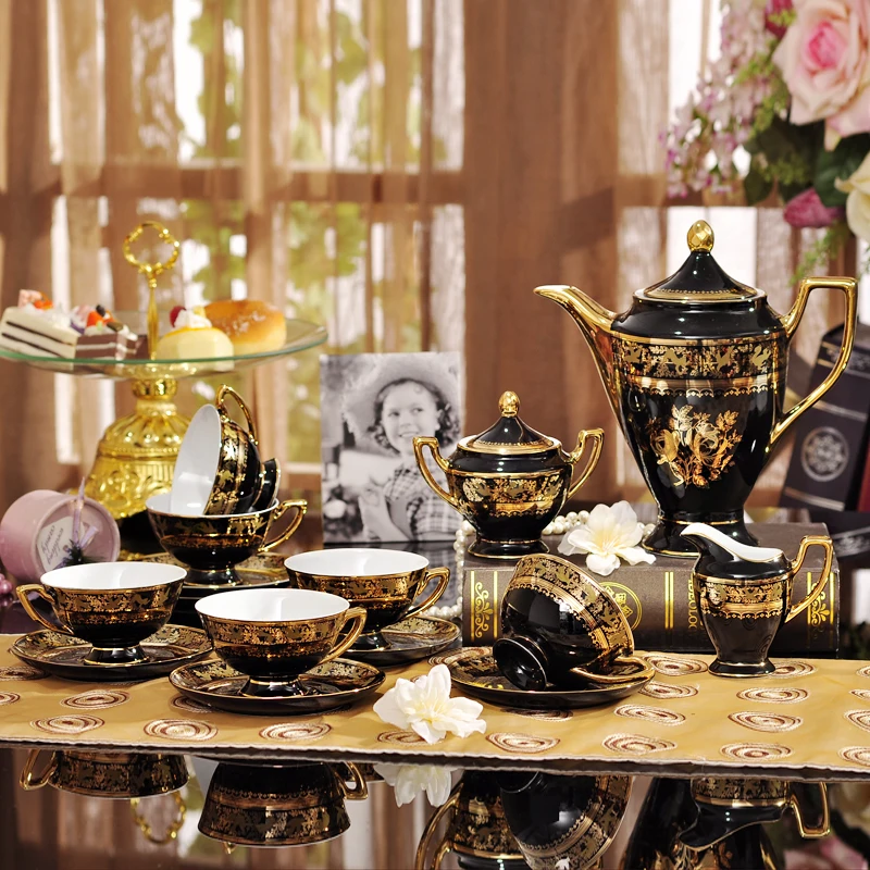 

Wholesale Western Black Luxury Ceramic Cups Gilding Home Decor Living Room Porcelain Coffee and Tea Sets