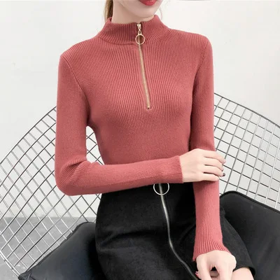 

Autumn half high neck ring zipper pullover knit slim slimming bottoming