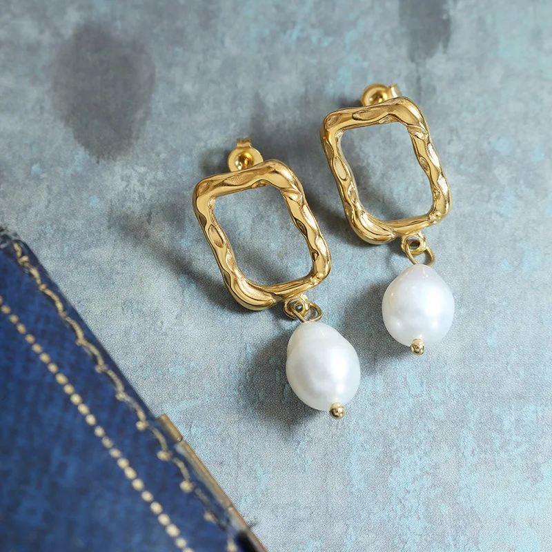 Trendy 316l Square Earrings Natural Pearl 18k Gold Plated Stainless Steel Women Earrings