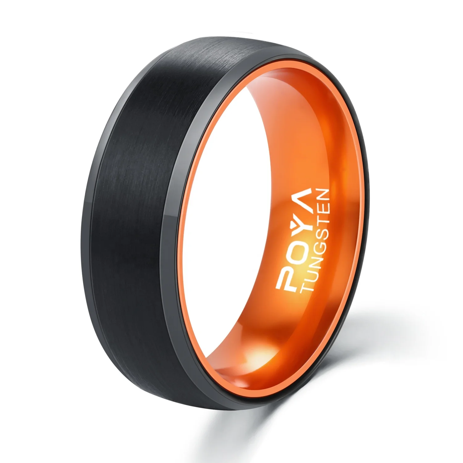 

POYA Jewelry 8mm Men's Tungsten Carbide Black and Orange Wedding Band Engagement Ring Anodized Aluminum Interior Comfort fit
