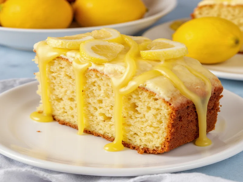Golden homemade lemon cake with lemon glaze drizzle