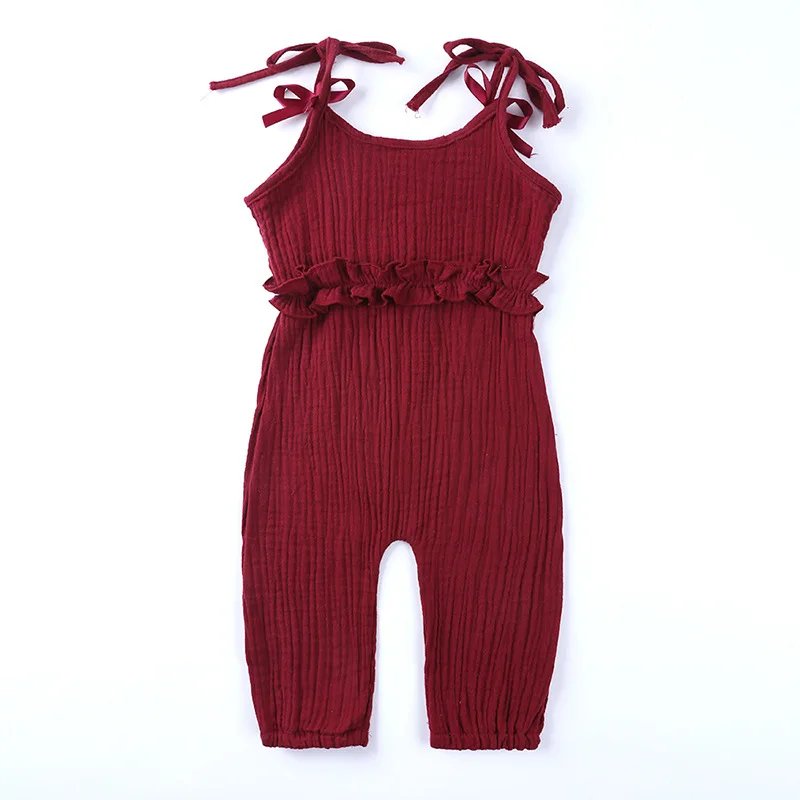 

2021 new baby girl sling cotton linen jumpsuit sleeveless solid color jumpsuit romper pants for baby girl, Purple/pink/wine red/white/yellow
