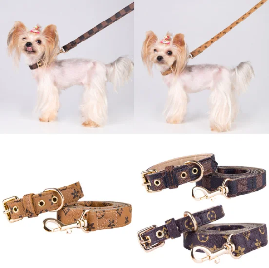 

Fashion Pet Accessories Luxury Leather Dog Collars, Pu Classic Printing Designer Dog Collar Leash