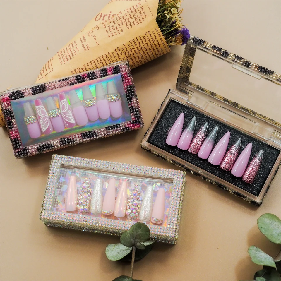 

High-quality press on nail professional vendor designed long Ballerina coffin false nails with luxury rhinestone box, Multi colors for choosing