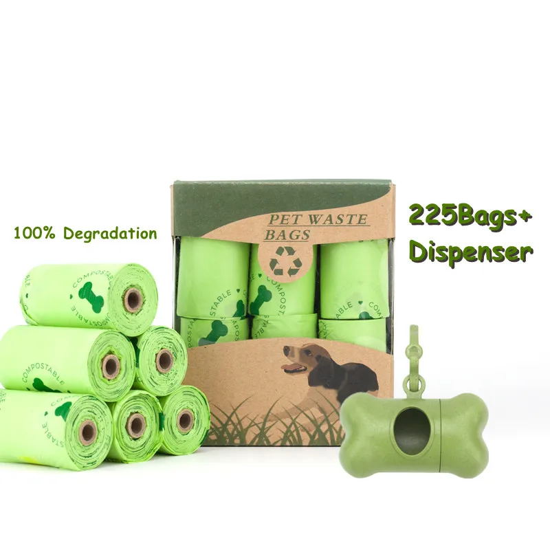 

100% Cornstarch Biodegradable Eco Friendly Degradable Pet Dog Poop Waste Bag With Dispenser, Green