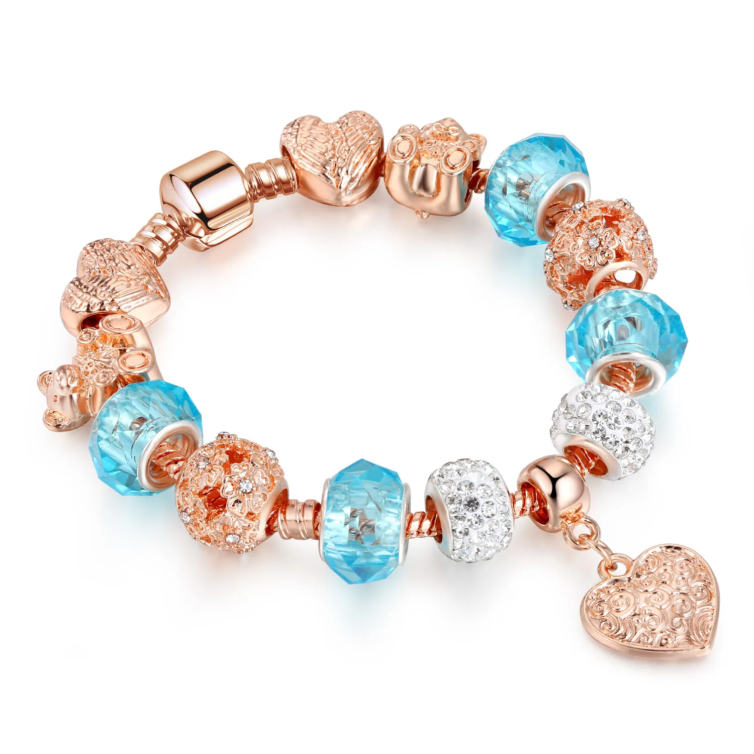 

Ocean Style Blue Glass Beaded Heart Charm Bracelet Rose Gold Plated Crystal Bead Bear Charm Bracelet