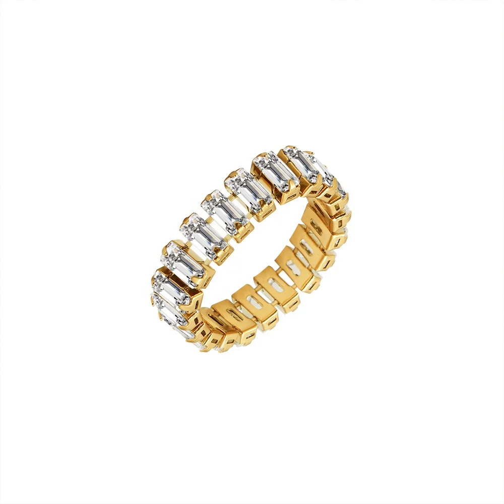 

Gold Plated Eternity Ring Stainless Steel Baguette Cubic Zircon Diamond Tennis Chain Finger Ring