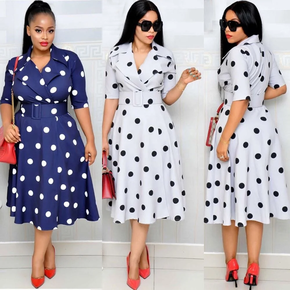 

Factory supply 2021 high quality suit collar point printed patchwork plus-size casual dress with belt