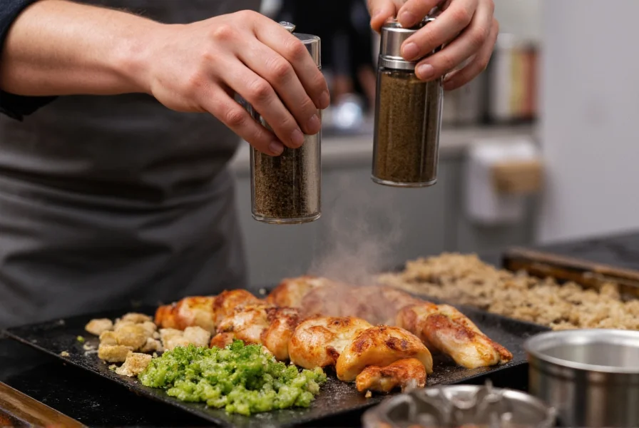 Chef seasoning food with salt and pepper shakers during cooking process