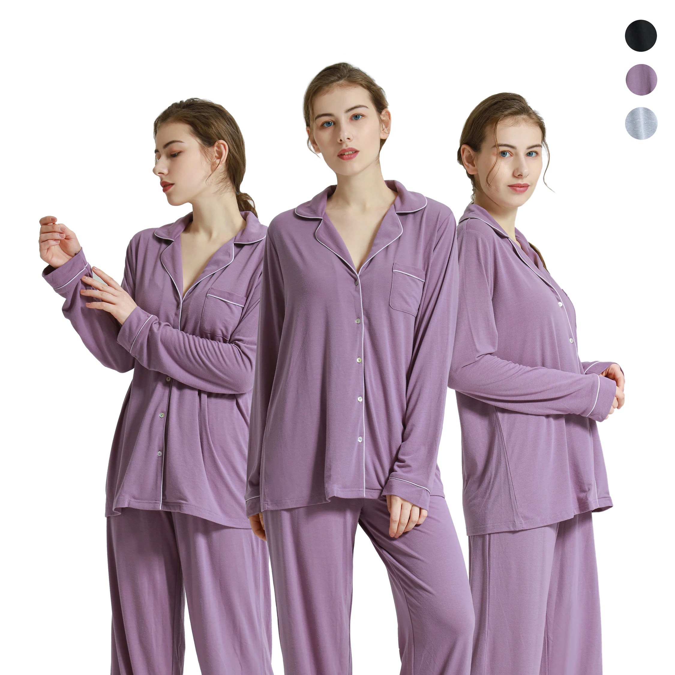 

Wholesale Solid Color Two Piece Nightgown Set Casual Fashion Pajamas Suit Long Sleeve Loungewear For Women, Purple/grey/black