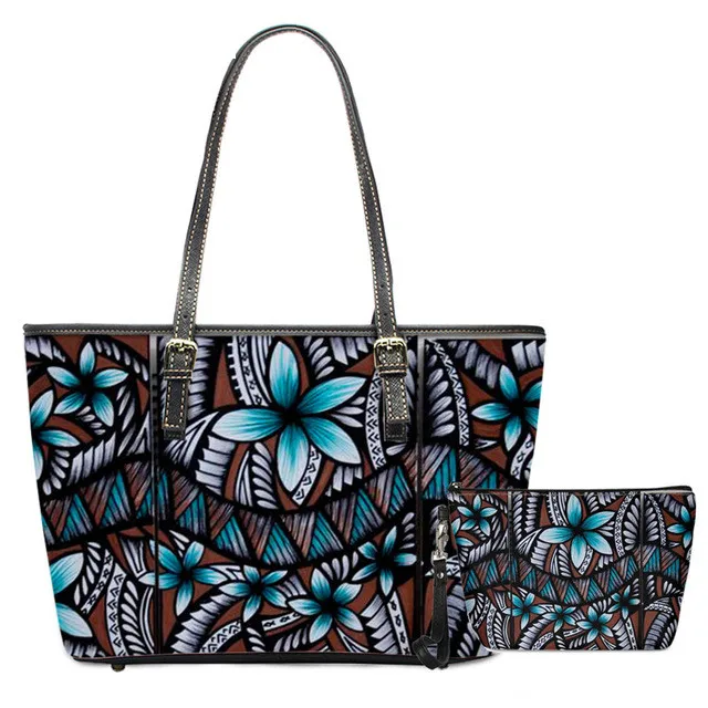 

American Samoa Polynesian Blue Plumeria Print Large Women Handbags Top-Handbags Luxury Lady Shoulder Bag Leather Ladies Tote Bag, Accept custom made