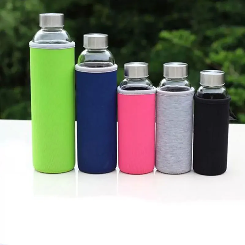 

Seaygift custom 2020 Glass Water Bottle High Quality Customized Unisex Sports Clear 500ml Glass Water Bottle with sleeve, Blue/green/pink/yellow