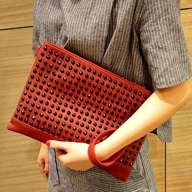 

Women Rivet Clutch Purse Envelope Handbag Soft PU Leather Wristlets Shoulder Crossbody Bag, Black,red