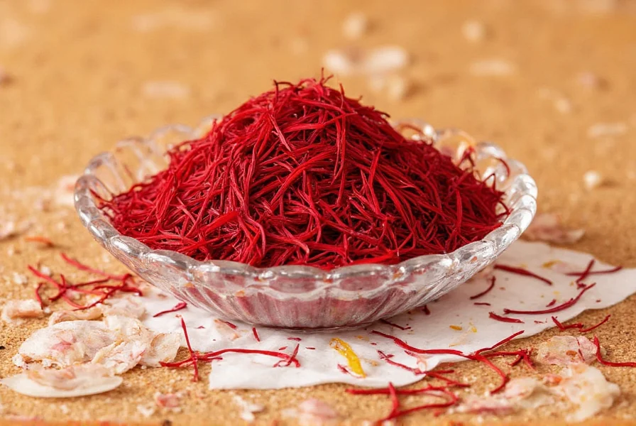 Saffron strands in a glass vial
