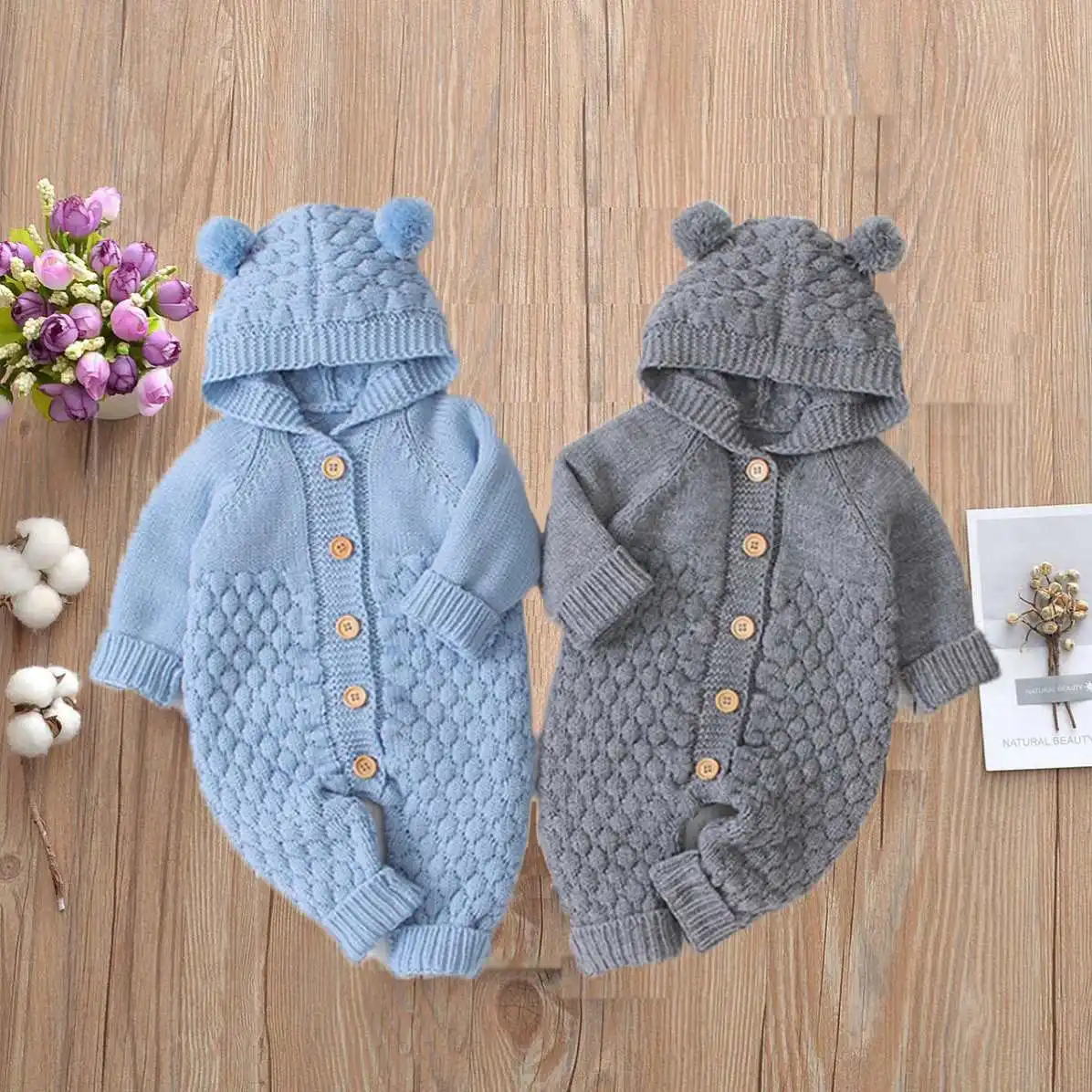 

Latest Design Baby Jumpsuit Spot Hot Style Amazon Children Three Dimensional Fur Ball Hooded Knitted Jumpsuit Climbing Suit, White,grey,pink,blue