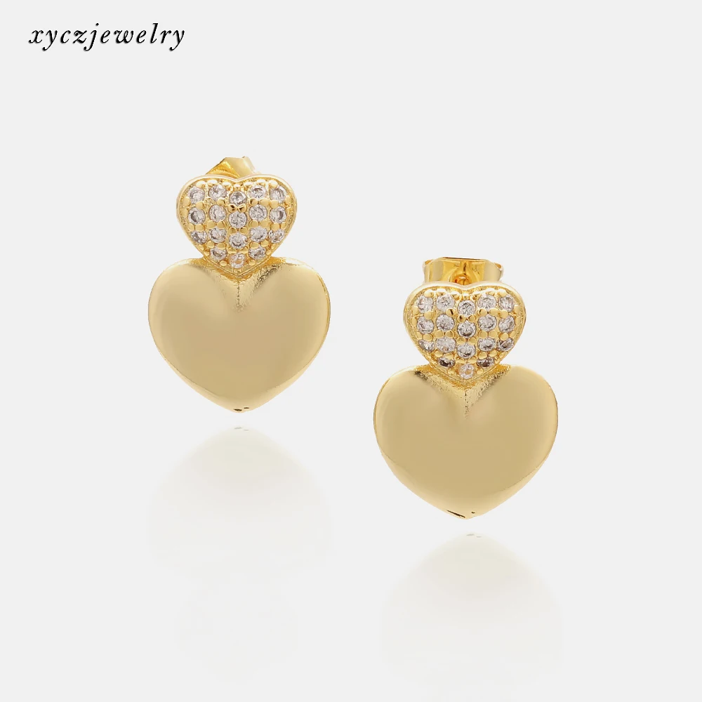

Popular brass white CZ with double heart stud earrings factory supplies