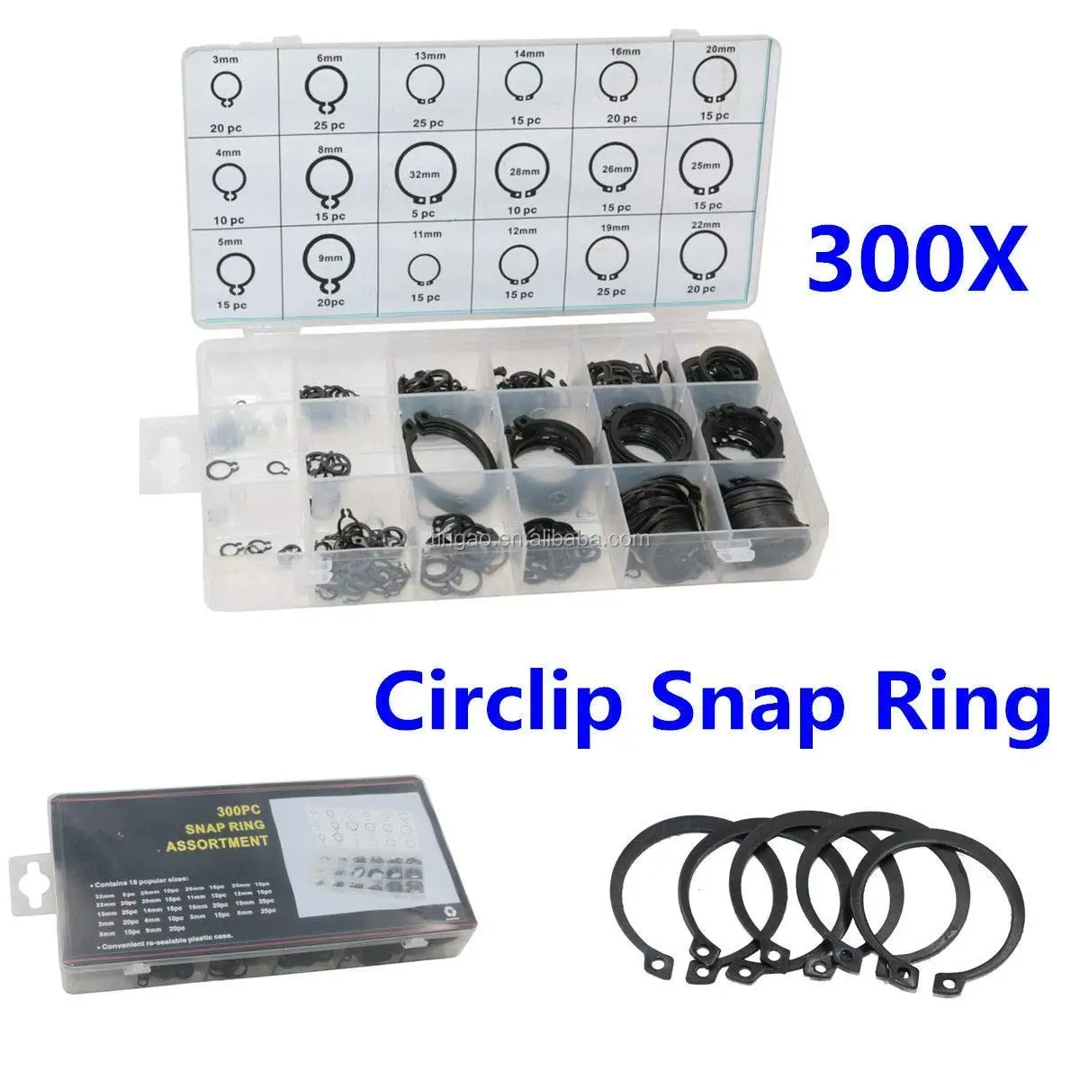 300Pcs Circlip Snap Ring C-Clip Assortment Car Kit Set 18 Sizes Retaining Ring 