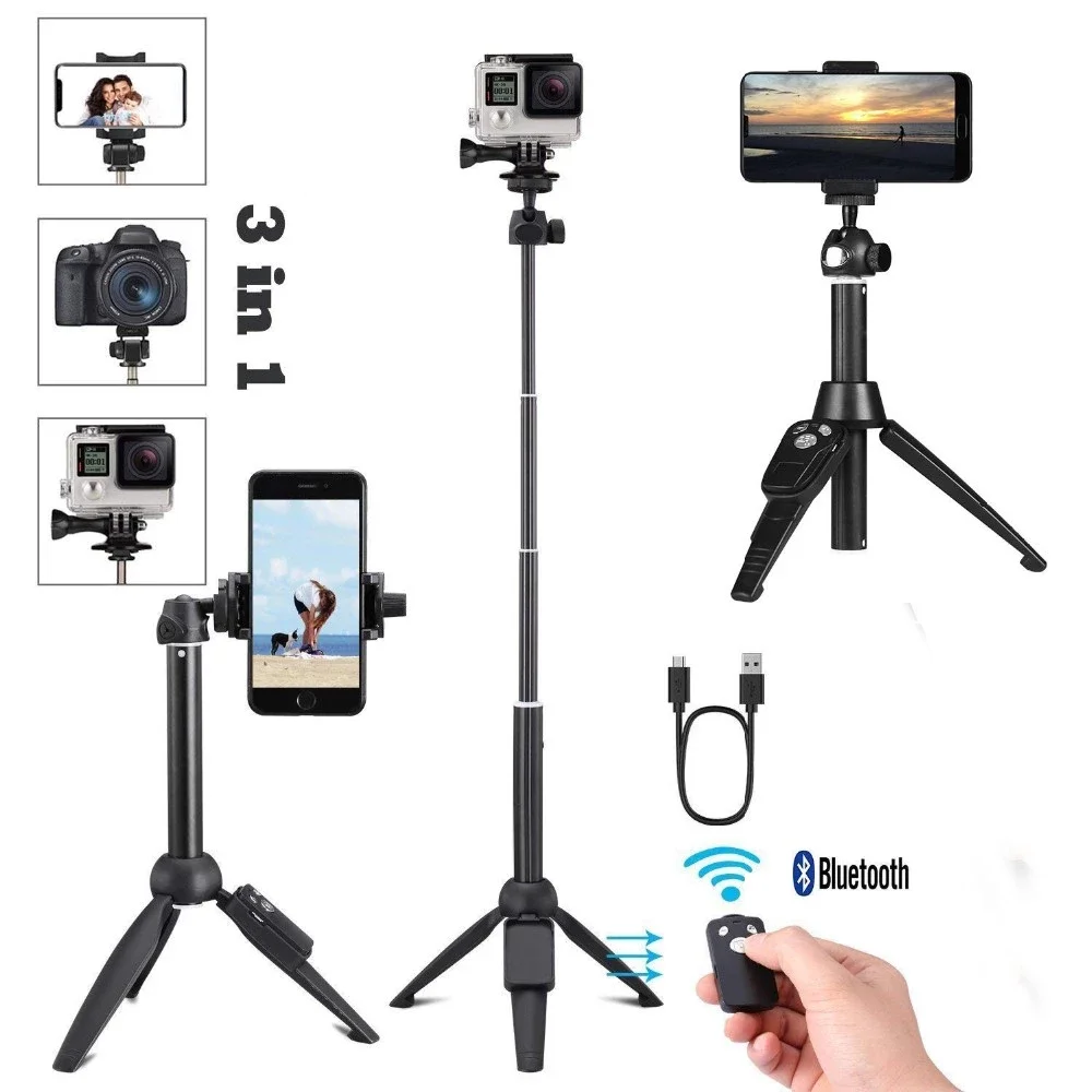 

In Stock selfie stick 3 in 1 Foldable Portable Blue tooth Tripod integrated flexible selfie stick For SmartPhone cellphone
