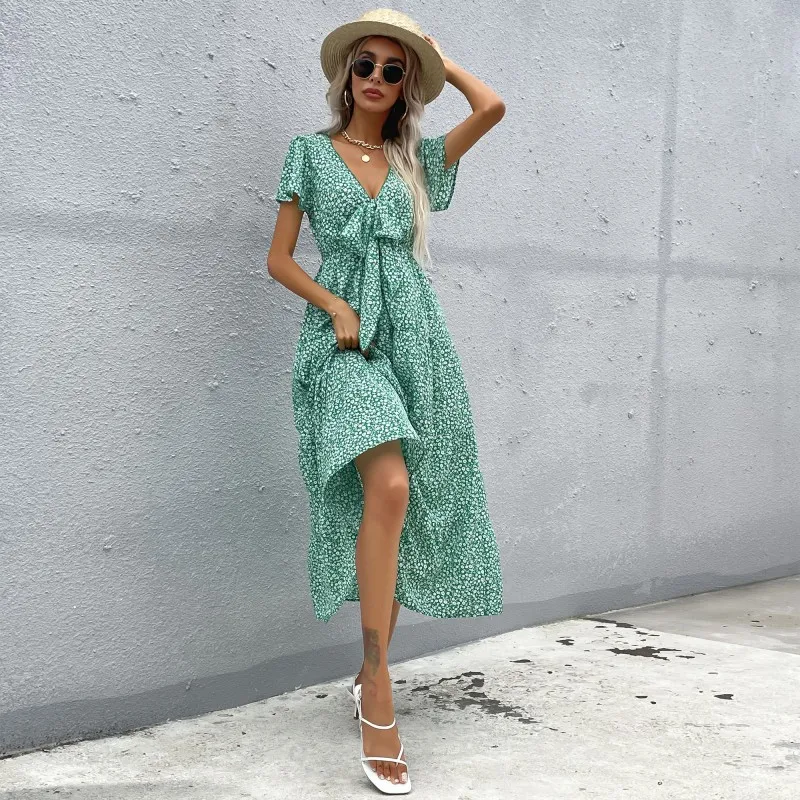 

Sexy Front Knot Tie V neck Floral elegant casual Beach bohemian maxi dresses women casual summer 2022 boho clothing, Any color