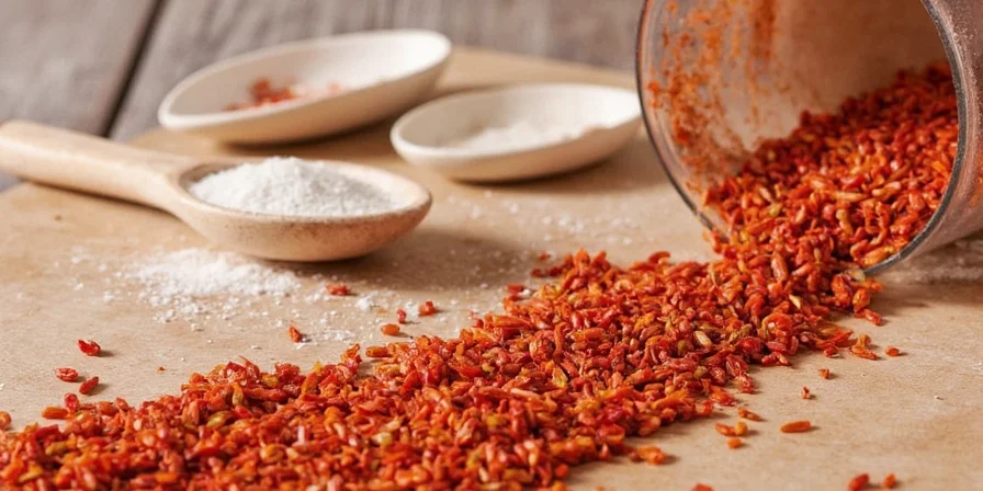A close-up shot of flaked red pepper in a clear bowl.