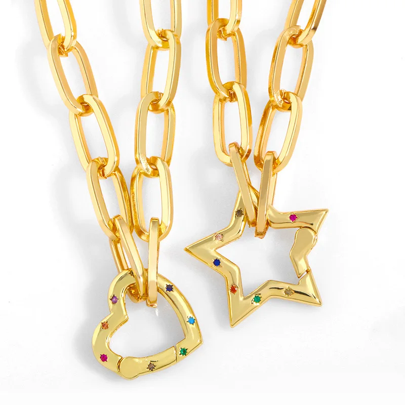 

18K Gold Plated Hollow Heart Pendant Necklace Women Fashion Star Shaped Link Chain Necklace Brass Plated Clavicle Necklace, Gold color necklace