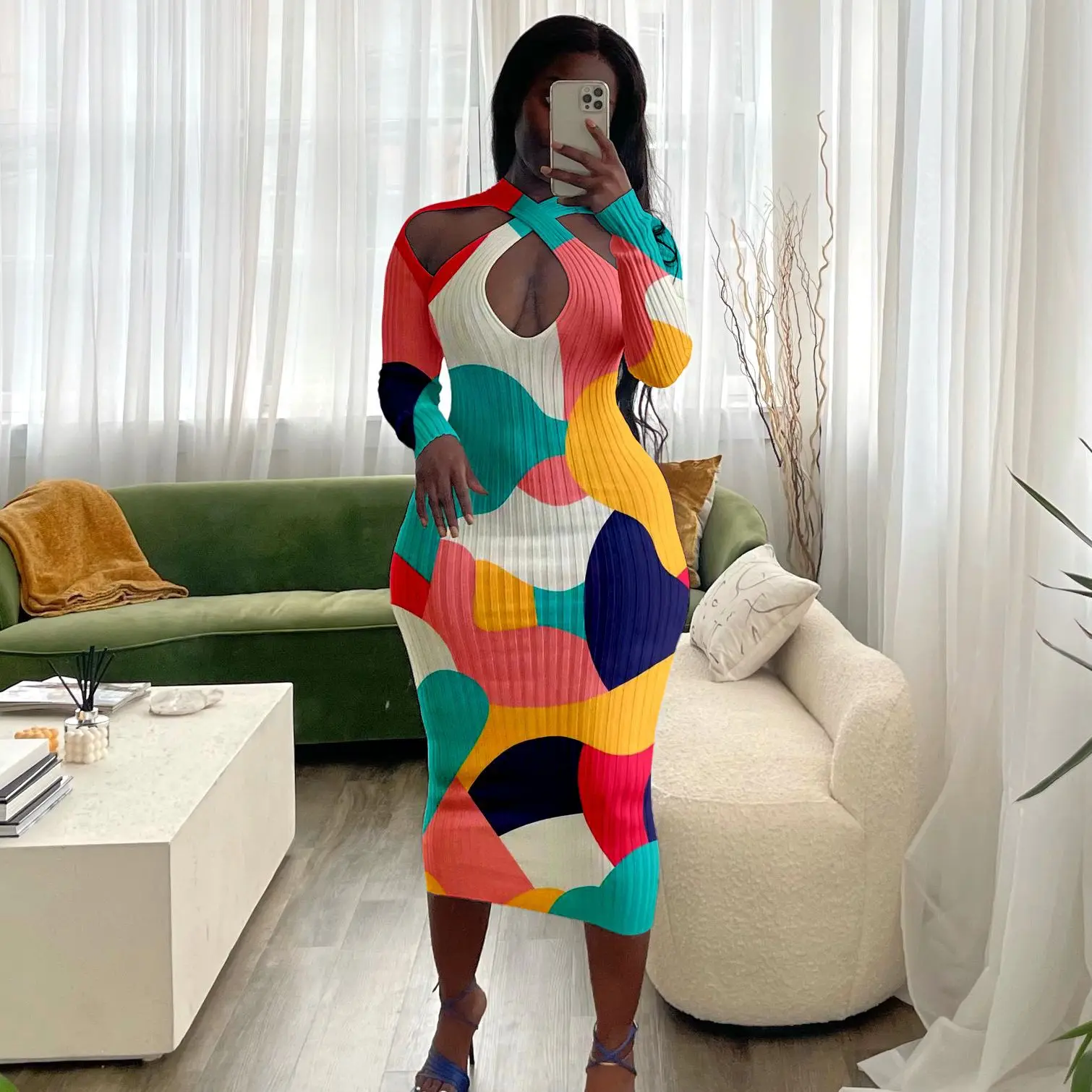 

Women's Bodycon Dress Autumn New Pit Stripe Colorful Printed Long Sleeves Hollow Casual Long Dress Women, Picture color